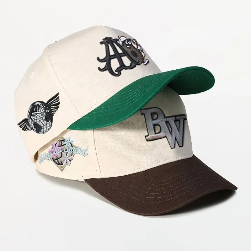custom 3D embroidered logo 5 panel mens curved brim bill k a frame a-frame 2 tone snapback snap back baseball gorras caps hats