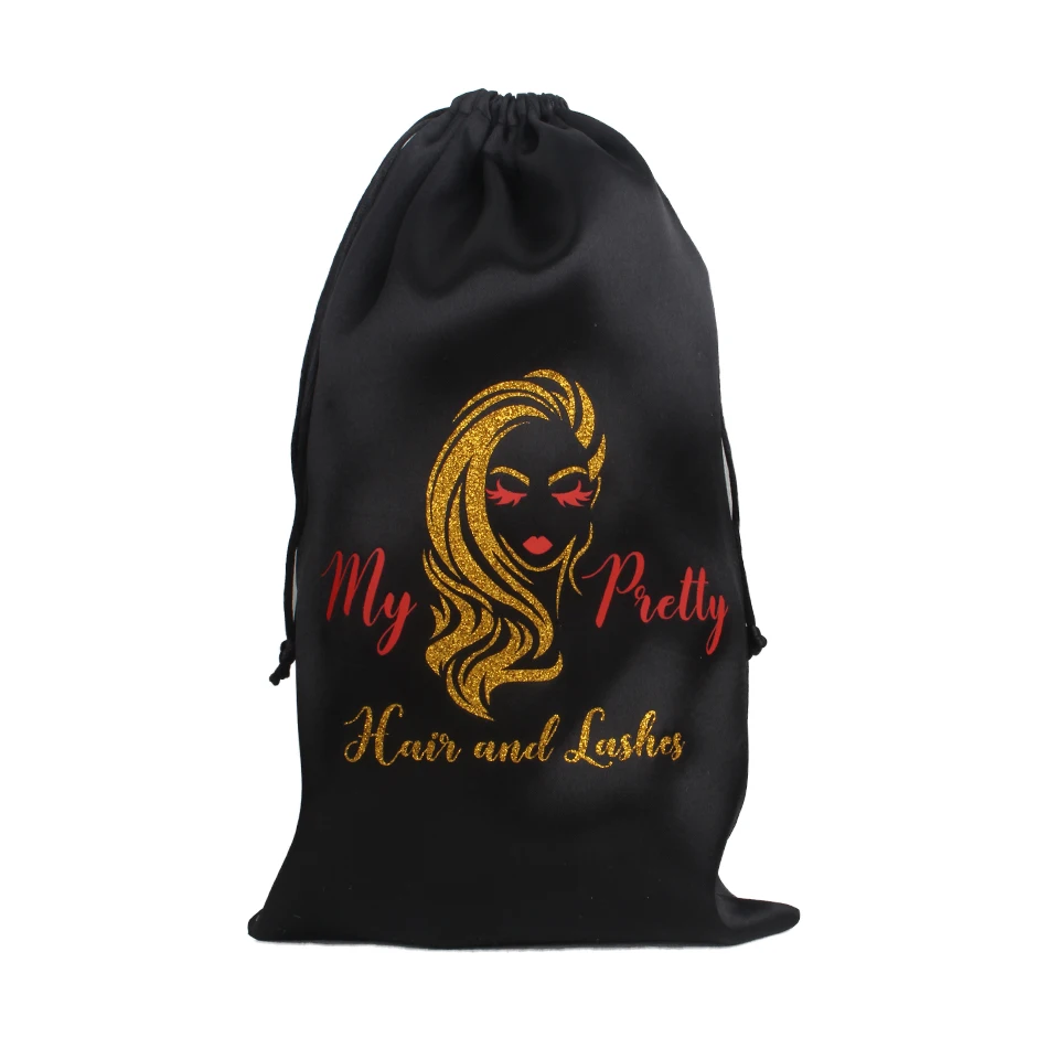 Custom hair extension silk pouch satin drawstring bag hair  printed Silk hair bag