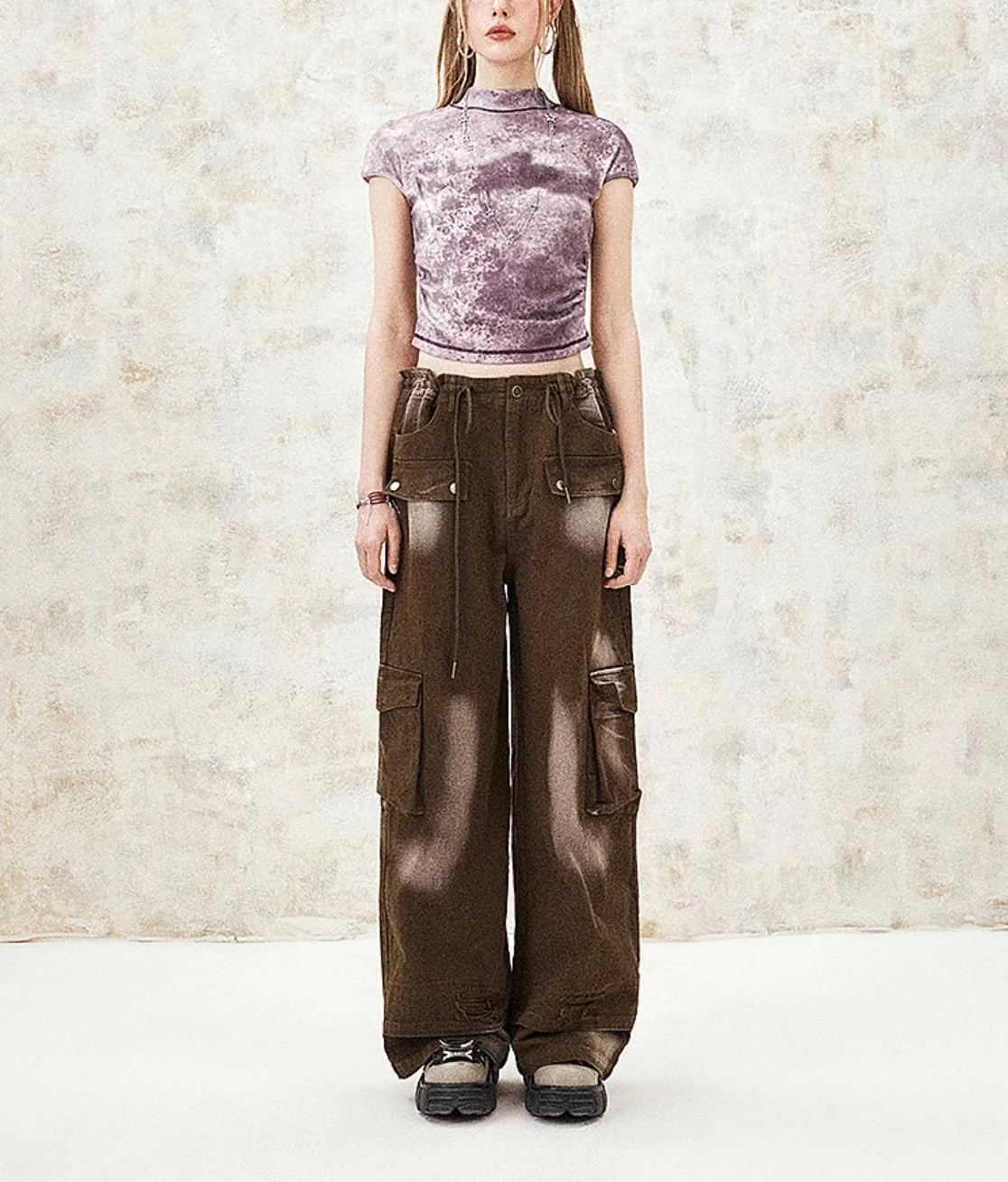 Washed Baggy Loose Trousers Washed New Y2K Women High Waist Multi Jeans Buggy Pockets Cargo Pants Punk Style Faux Jeans