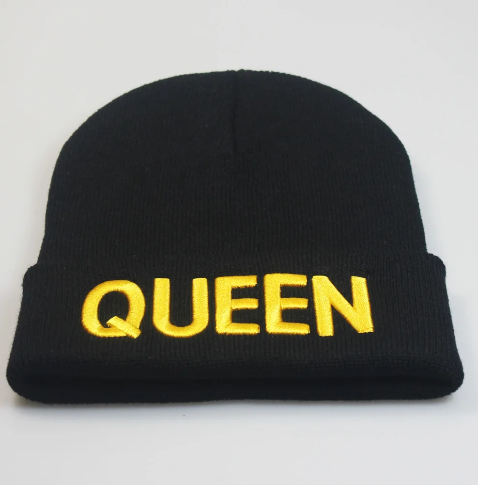 Couple Gifts Autumn Winter Spring Black White Gold King 3D Embroidery Acrylic Knitted Cap Beanie Hat for Men Women