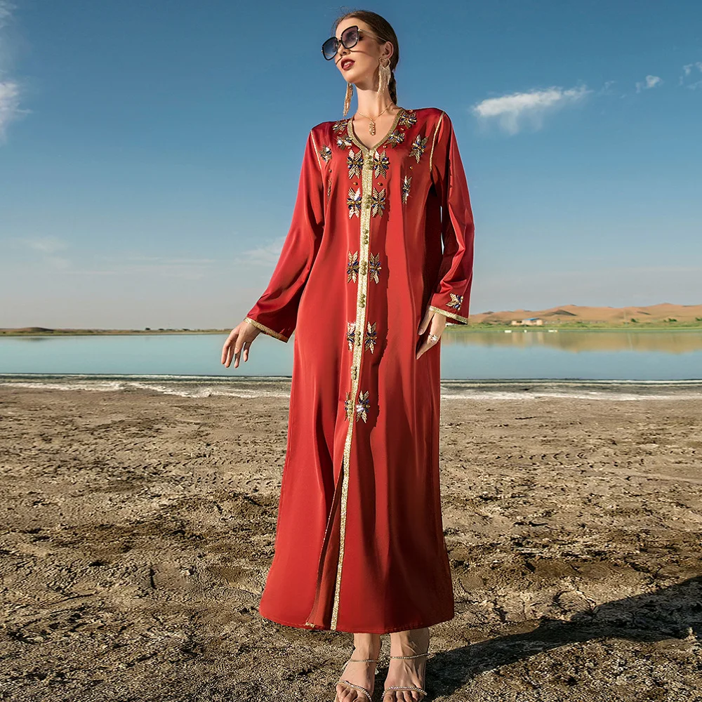 Heavy Hand Sewn Drill Dubai Arabian Evening Dress Beaded Long Sleeve Moroccan Kaftan Evening Dress Muslim Dress
