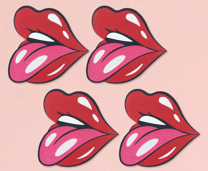 Shiny pink tongue Black red lip print kisses areola patch sexy nipple patch Nipples Cover