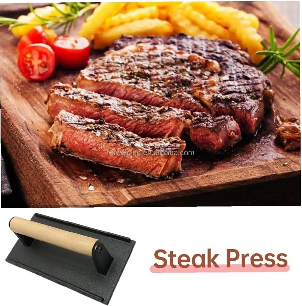 Heavy Duty Chef Press with Wood Handle rectangular shape kitchen BBQ cast iron meat press