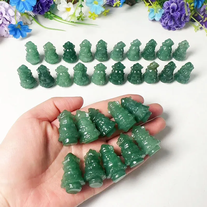Wholesale Mini Crystal Healing Stone Carvings Natural Hand Carved Green Aventurine Crystal Christmas Tree For Christmas Gift