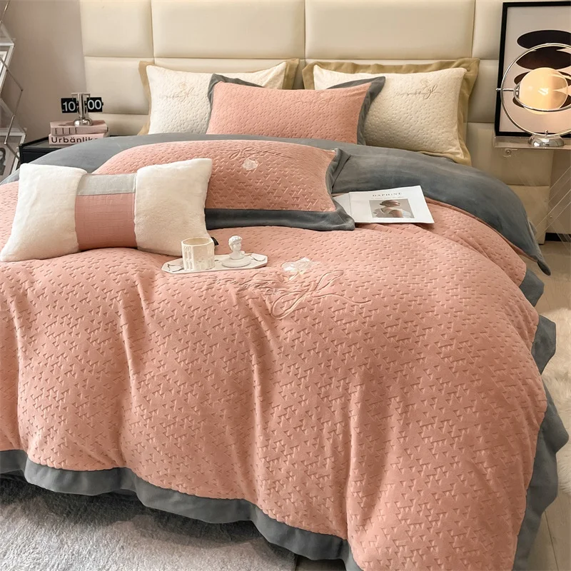 Flannel comforter set with pillow case velvet dark color milk fleece comforter quilt luxury bedding set