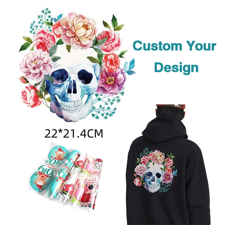 Iron On DTF Digital Heat Press Printed Labels Services Custom Skull Logo HTV Plastisol Thermal Transfer Printing Stickers