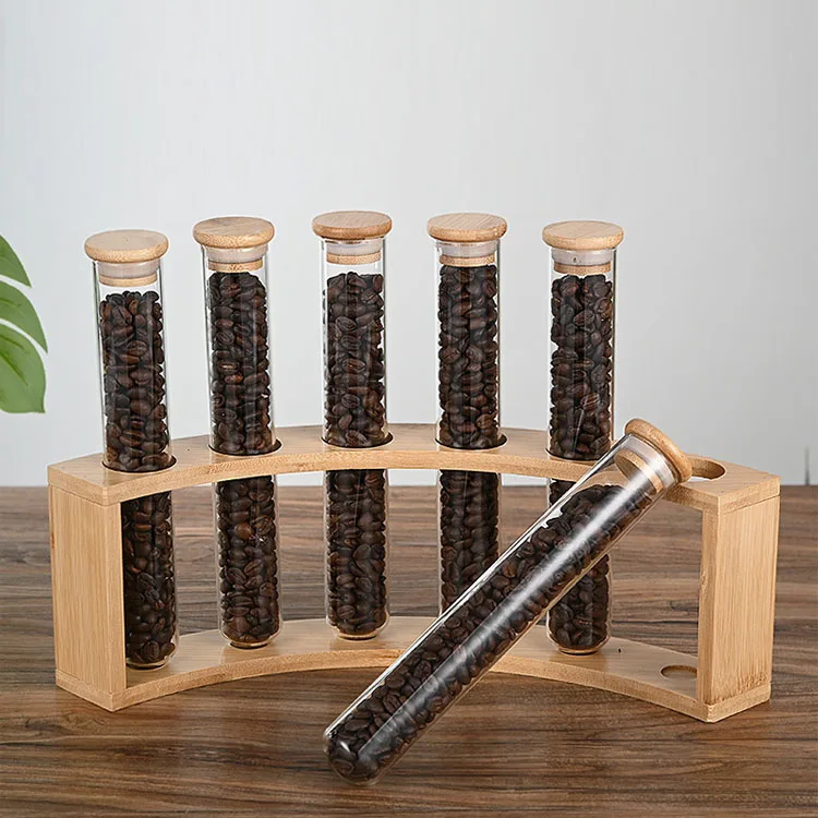 Clear Round bottom Borosilicate Glass Tube for Coffee Beans Spice Display with Airtight Bamboo Lid and Wood holder