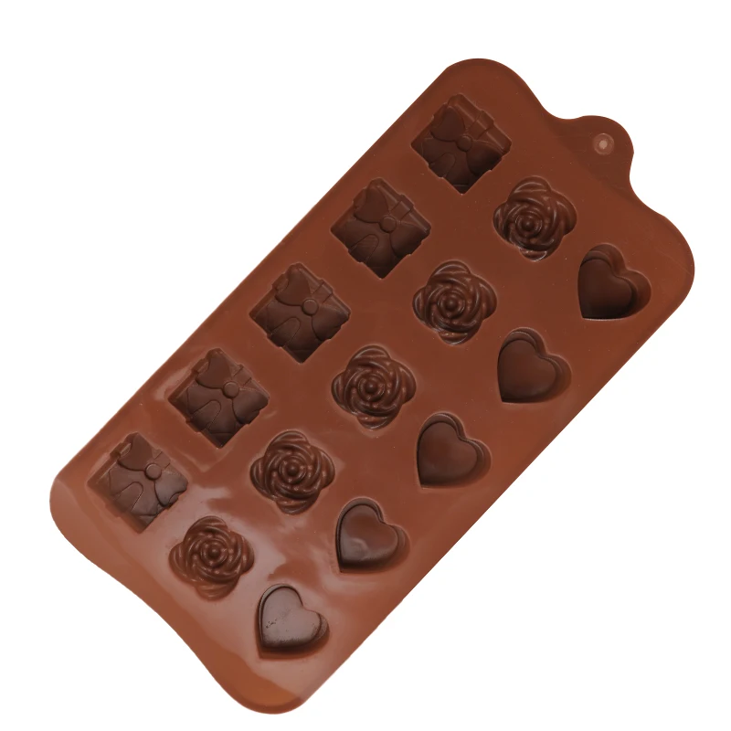 Factory direct price 15 cavities custom chocolate mold 3D heart flower and gift shape chocolate moulds heart for kids