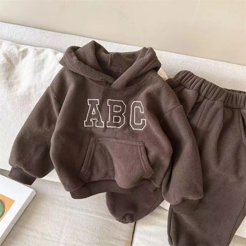 New autumn and winter children plus velvet letter leisure suit versatile pullover two-piece suit