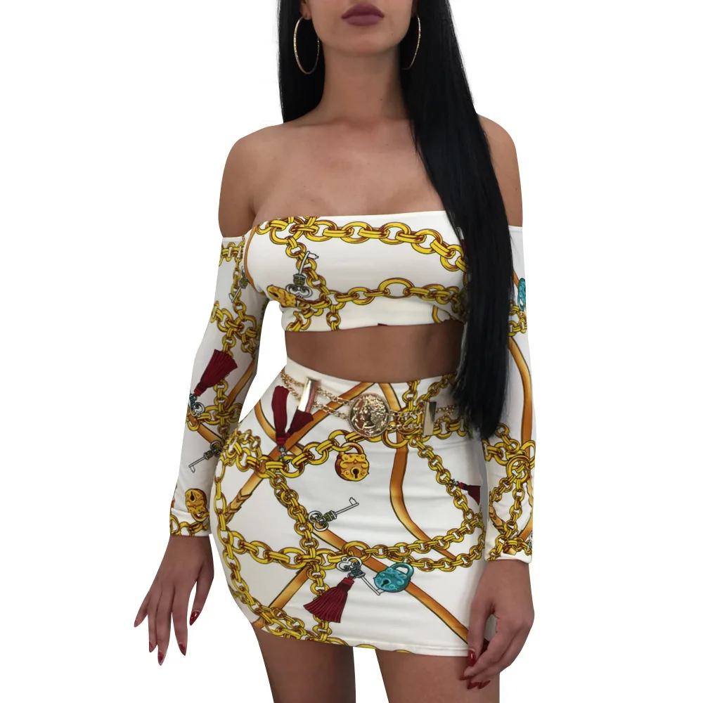 Классический печать сексуальное бандо диафрагма обнажая с длинным рукавом, короткая юбка, комплект из двух предметов