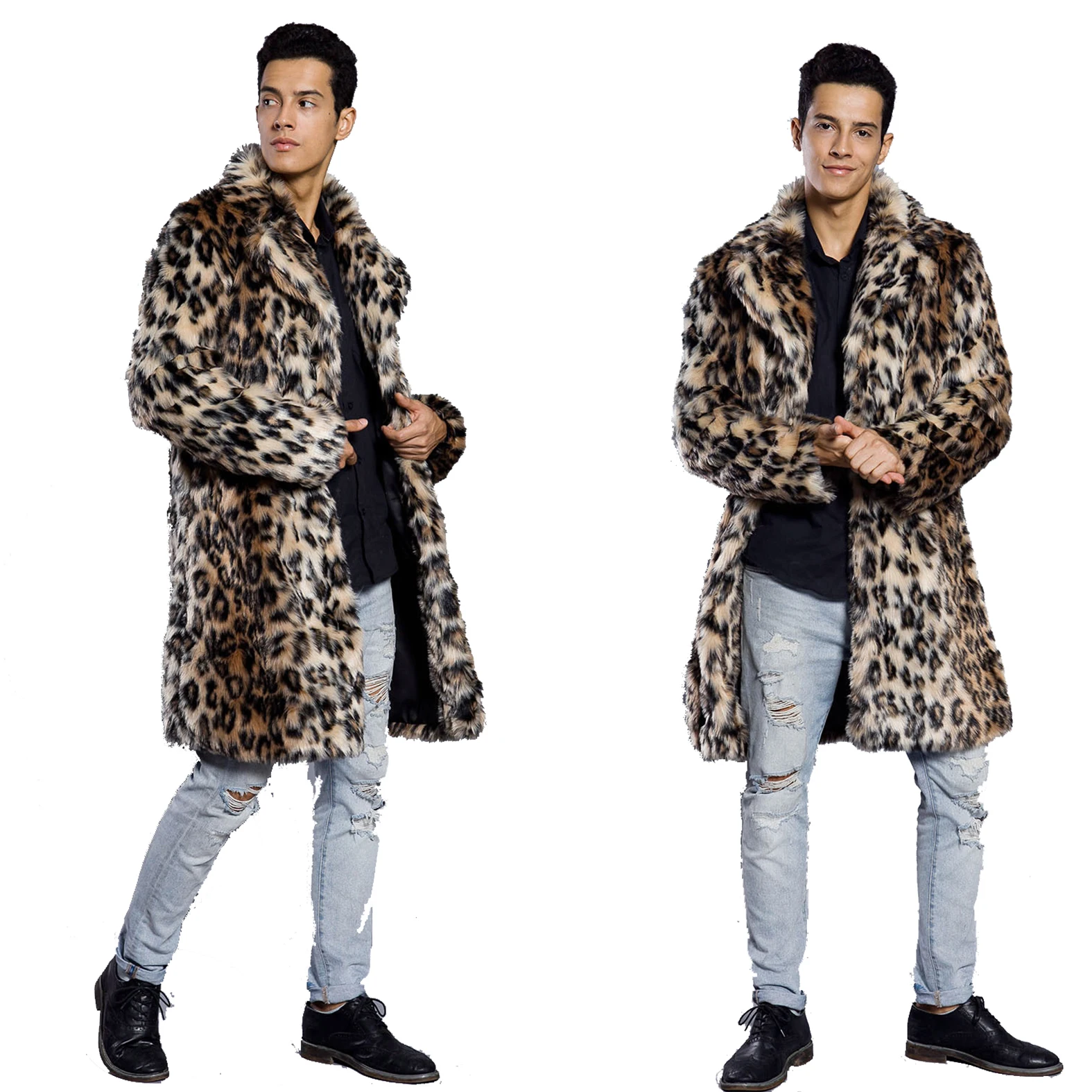 Mens Leopard Fur Coat Autumn and Winter Imitation Fur Coats Mens Suit Collar Long Outwear