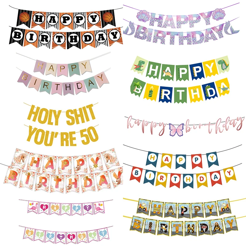 Customize Happy Birthday Banners Print Hanging Banner Paper Flags Colorful for Birthday Decoration Party Favors