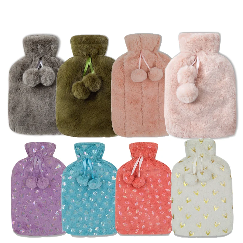 Luxury Cosy Faux Fur Pom 2L Hot Water  Bag Bottle with Soft Fleece Cover for Cosy Nights Pain Relief Back Neck and Shoulders