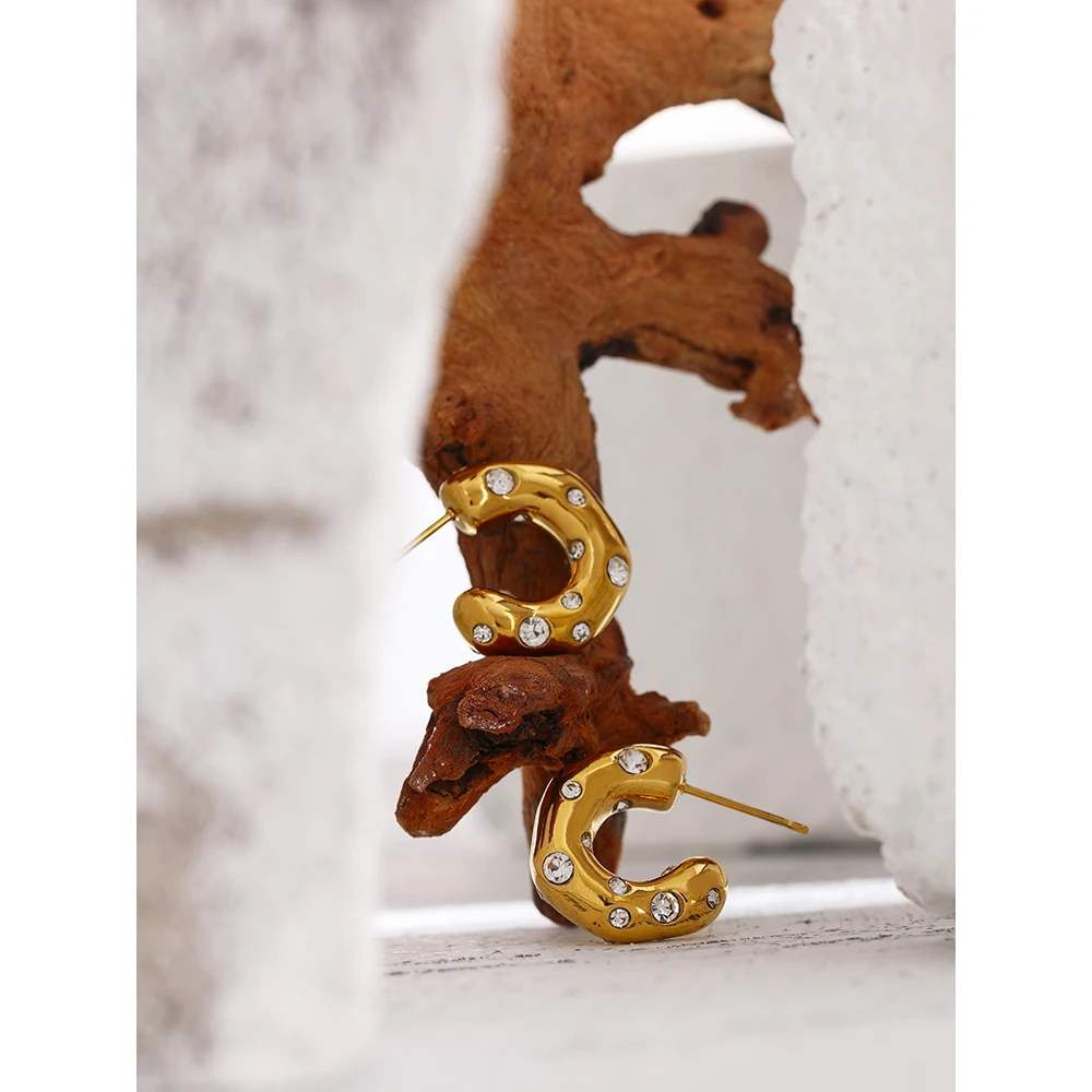 JINYOU 438 Stainless Steel Unusual Earrings Delicate Cubic Zirconia Geometric Chunky Charm Hoop Earrings for Women