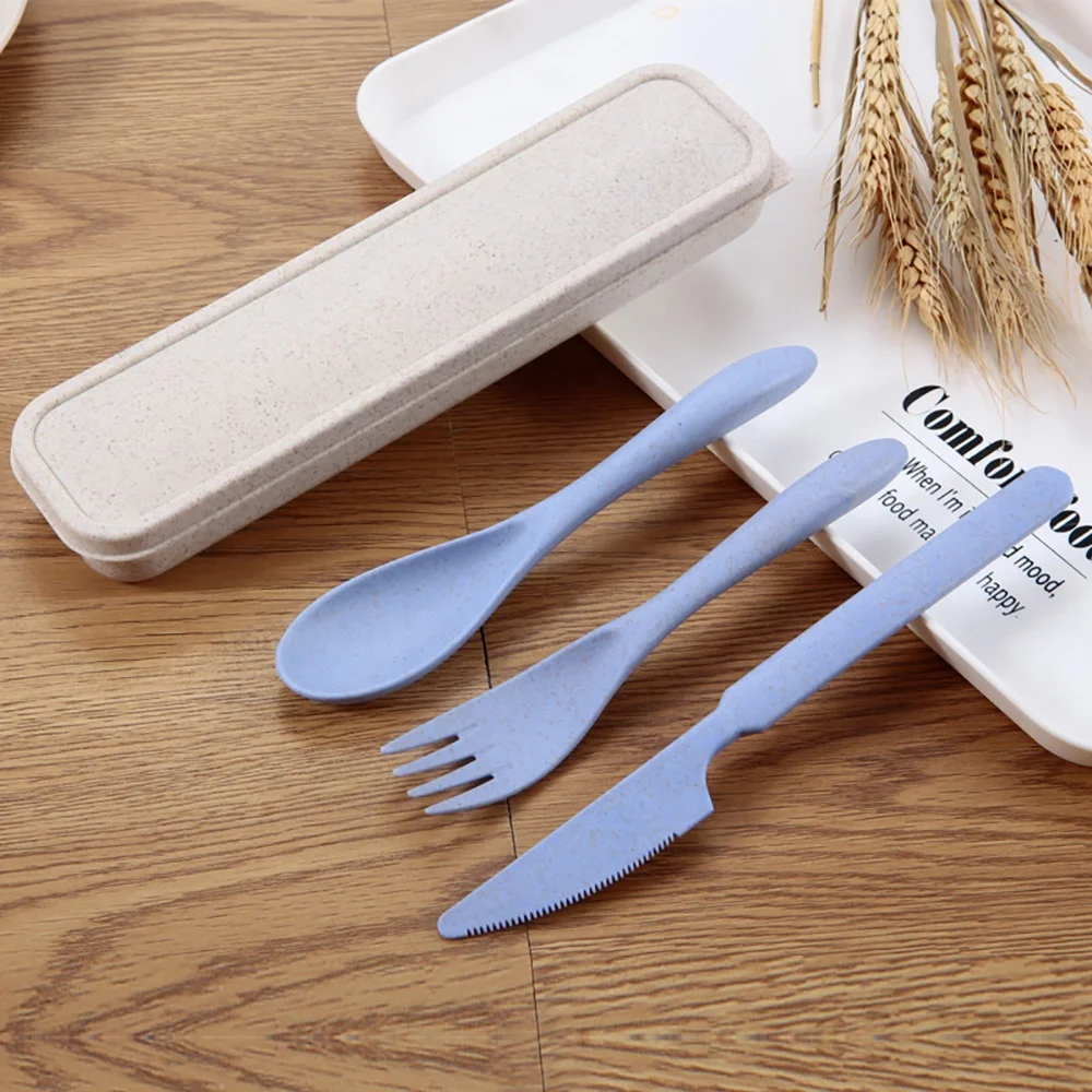Cheap Price Popular Products 2021 Wheat Straw Knife Fork Spoon Tableware Three Piece Set Portable Tableware Set Plastic Travel G