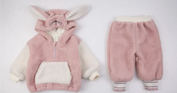 Wholesale Spring Warm Cute Toddler Girl Bunny Ear Fleece Long Sleeve Outfit Pullover Kids Hoodie Set And Pants