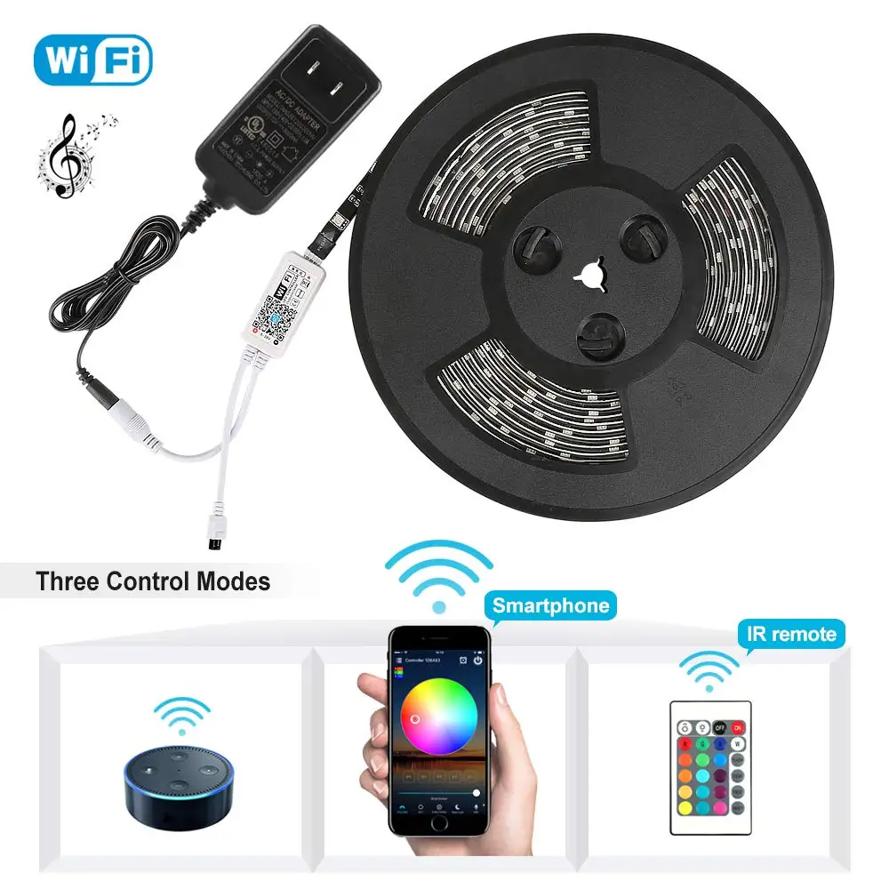 WiFi Wireless Smartphone Controlled Waterproof RGB Rope Lights Flexible 5050 Light Strip 32.8ft 300LEDs DC12V UL Power Adapter
