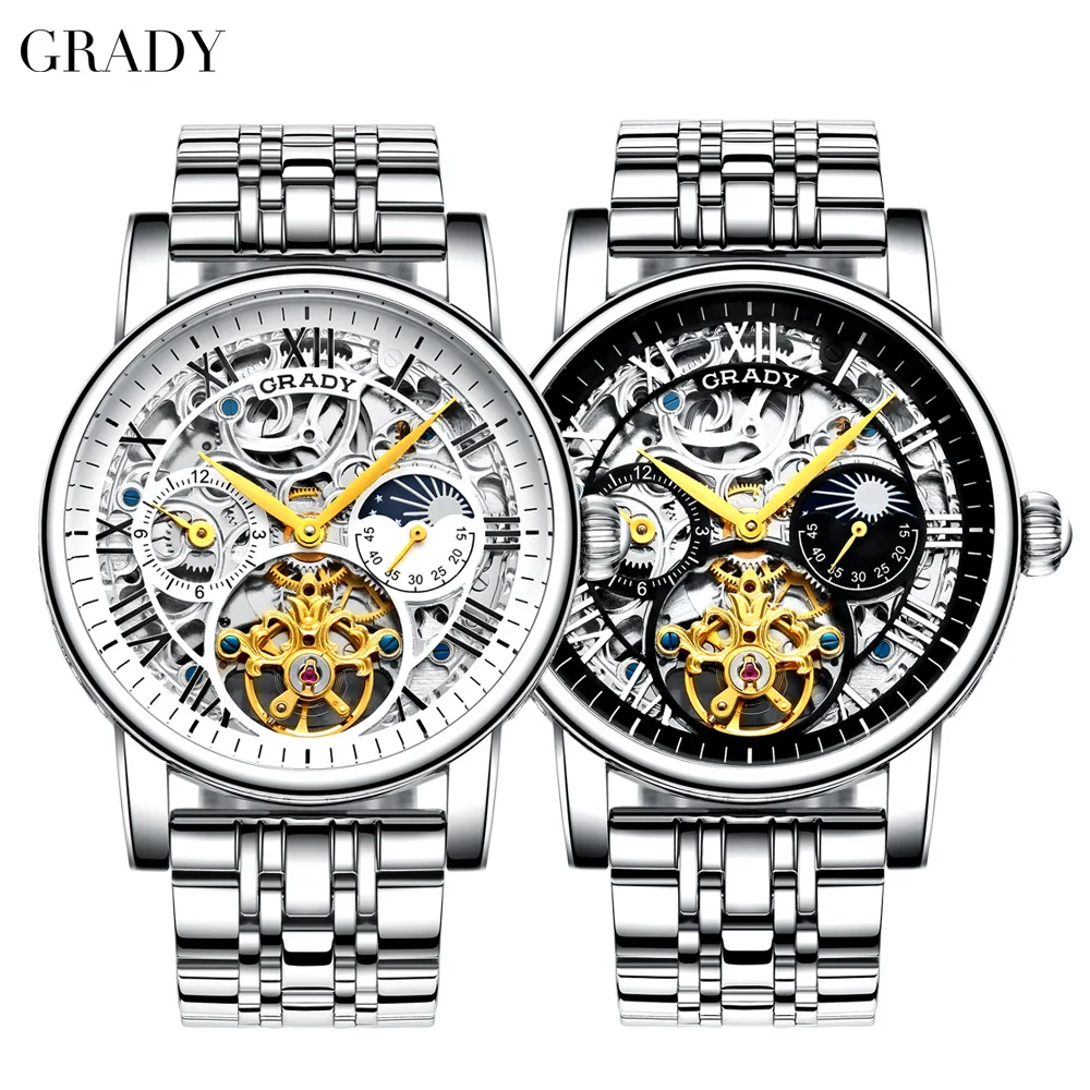 Promotional Stainless Steel Automatic Men Watch with Genuine Leather Strap SS Band 30M Waterproof Made in China