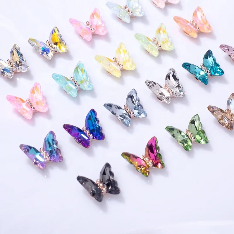 Nail Decor Crystal Butterfly Charms Gold Plated Zircon Nail Art Charms Gold Plated 3D Butterfly Nail Stud Rhinestone