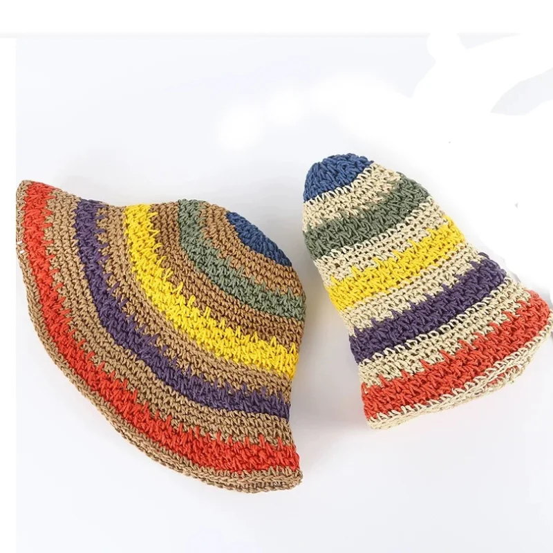Foldable Wide Brim Colorful Crochet Straw Hat Summer Holiday Vacation Crochet Bucket Hat