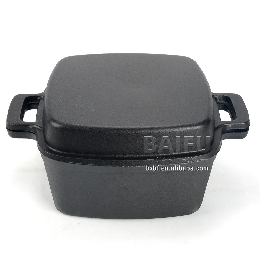 Pre seasoned or enameled with lid used as frying pan 2 in 1 combo cooker square cast iron double dutch oven