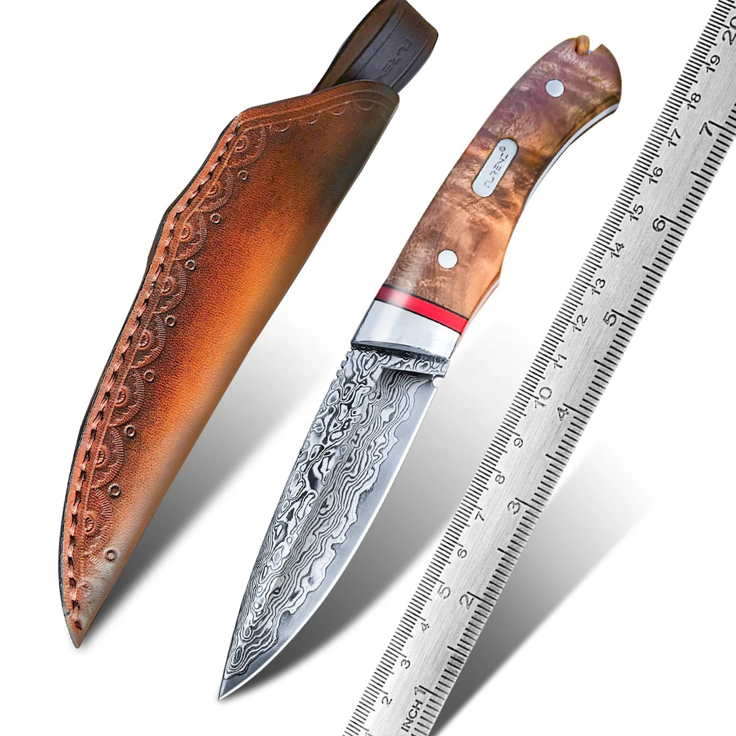 Burr Stabilized Wood Outdoor Survival Bowie Knives Outdoor Sheath Fixed Blade Damascus Hunting Knife