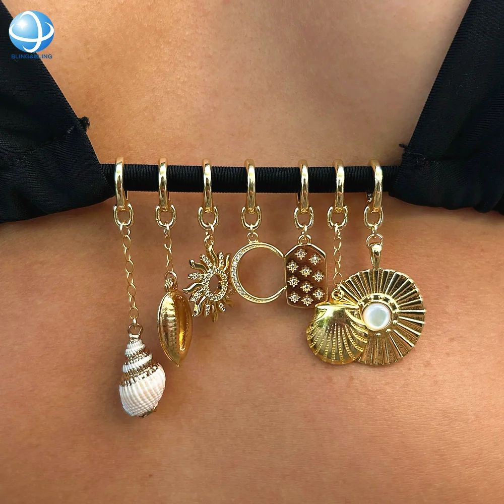 Unique Double-sided 3D Copper Scallop Shell Bikini Charms Gold Tone Sea Star Cupid Pendant Swimsuit Clasp For Beach Babes Jewel