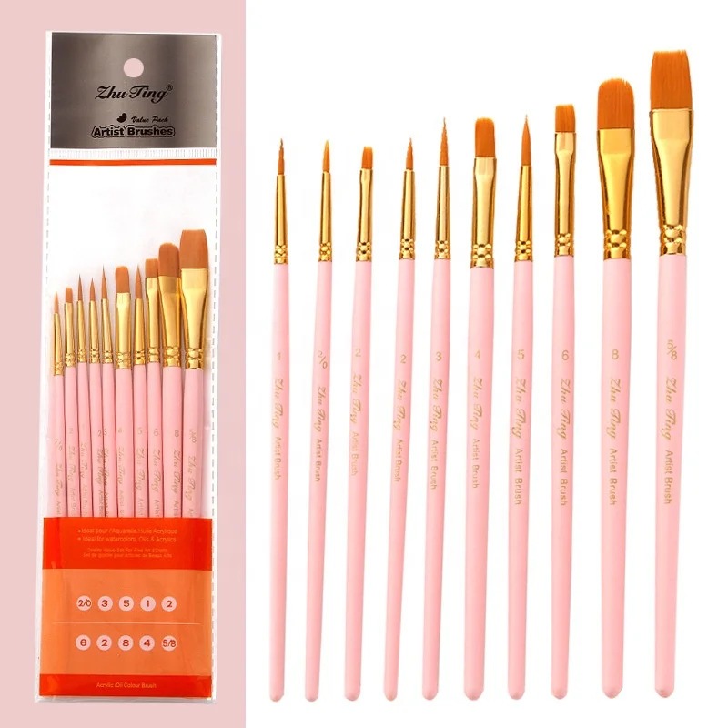 Hot Sale Mixed Shape Nylon Art Paint Brush Set,10pcs Colorful Wooden Handle Brushes