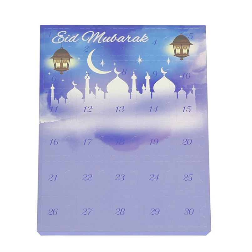 Ramadan Advent Calendar Blue Chocolate Candy Gift Paper Packaging Box Open Door Paper 30 Day Advent Calendar