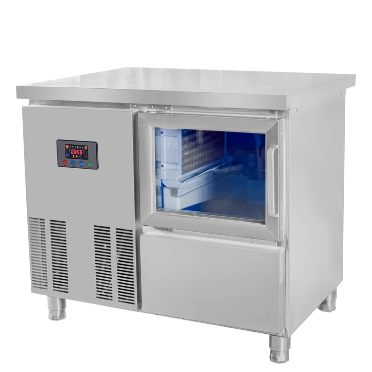 Commercial 90kg per day Water Cooled Ice  Maker with Working Table for Coffee Shop ,Include Scoop & Premium Water Filter