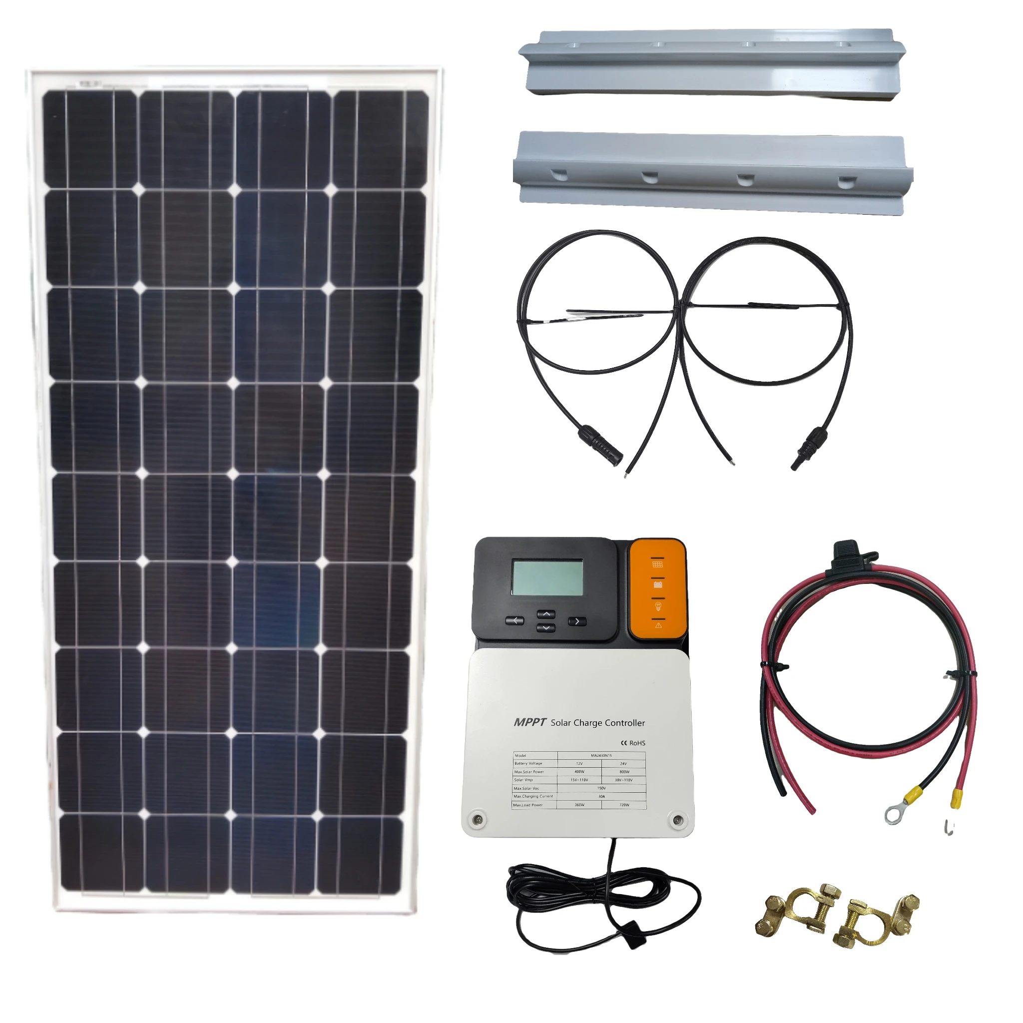 RV 100W Mono Solar Panel Mounting Rails Bracket Motorhome Cable Connectors 30A Solar Panel Charge Controller for Off-Grid System