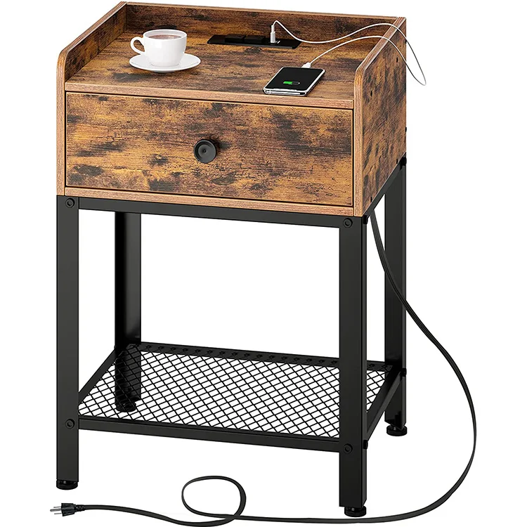 Modern White Nightstand Bedside Table with Shelf Drawer Charging Coffee Table Side Table for Bedroom Living Room Small Space