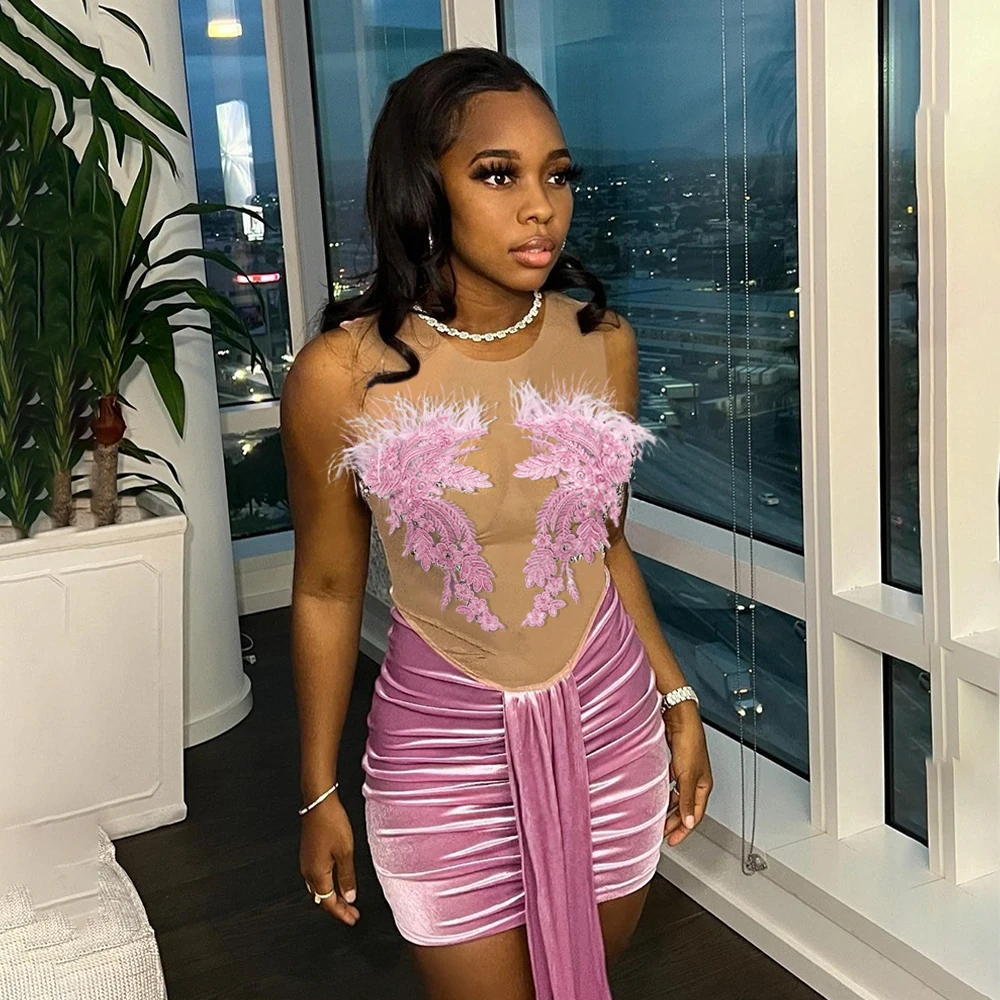 Mujer Women Crystal Glam Club Dress Sleeveless See Through Pleated Mini Dresses Vestidos With Ribbon