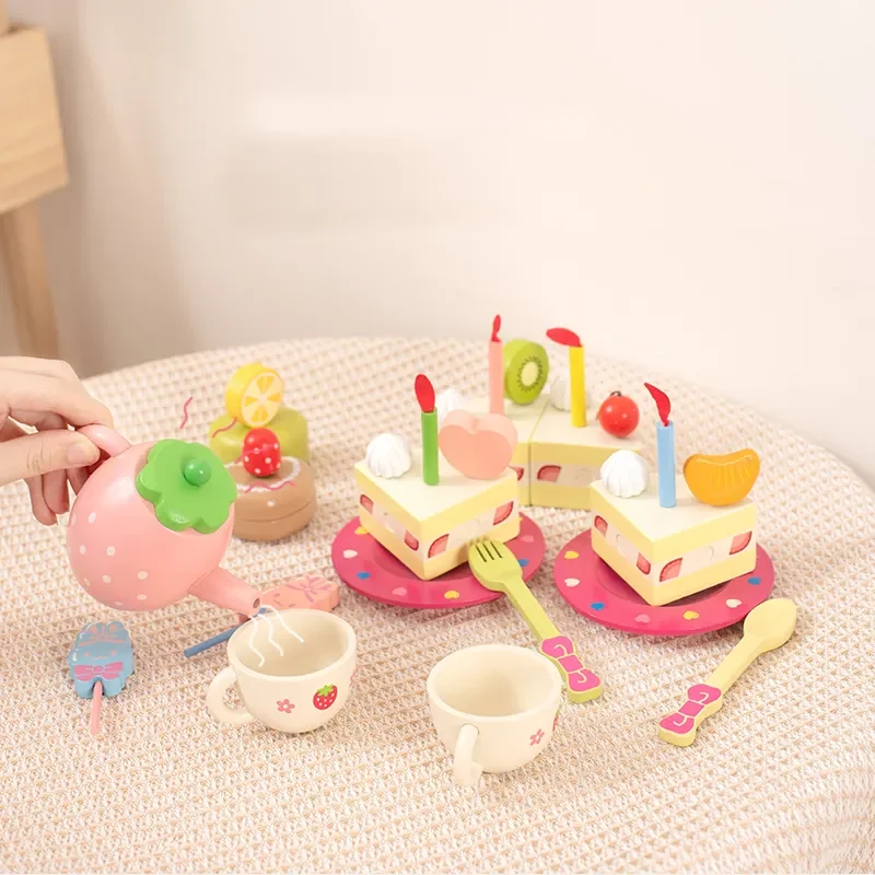 2023 New Baby Wooden Pink Barreled Pretend Rabbit Dessert Game Educational Birthday Cake Gifts Kitchen Toys for Girls