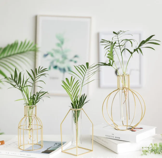 Лидер продаж, ваза из металла и стекла в полоску из розового золота, декоративные вазы для растений huose