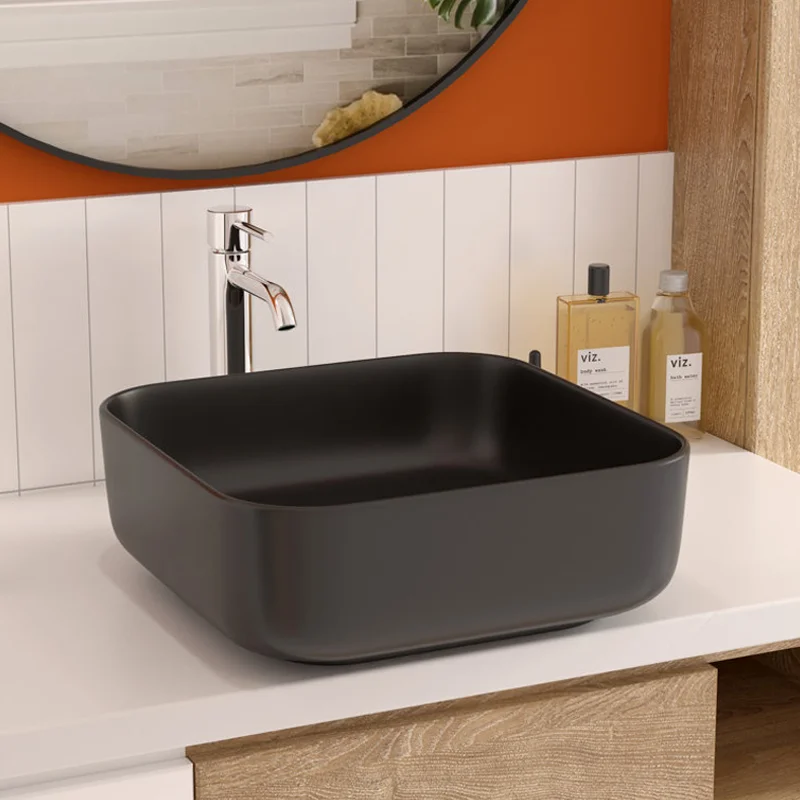Lavabo 7839 Square Ceramic Sanitary Ware Matte Black Color Art Basin Bathroom Vessel Cabinet Sink Countertop WashBasin