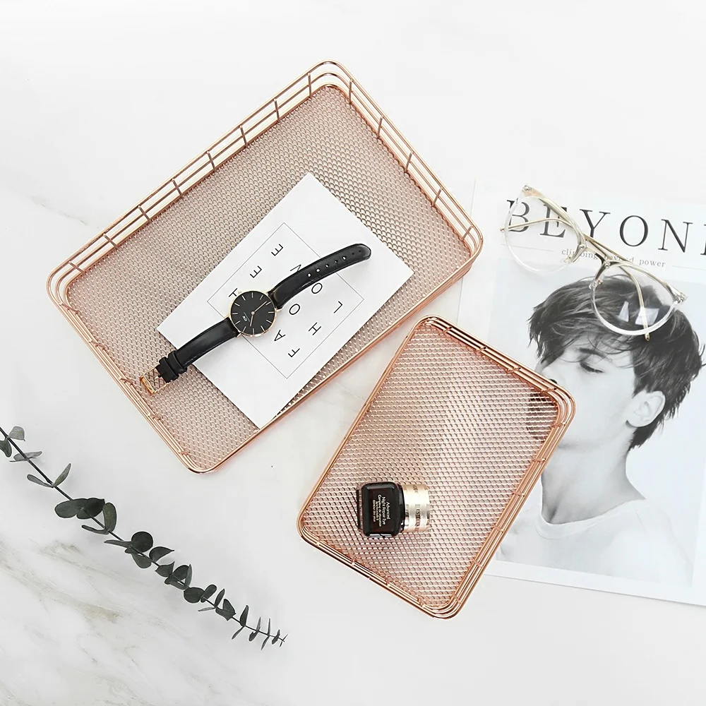 Wire Organizer Basket Iron Foldable Customized Package Storage Baskets Rose Gold Rectangle Metal Modern Customized Color 2set