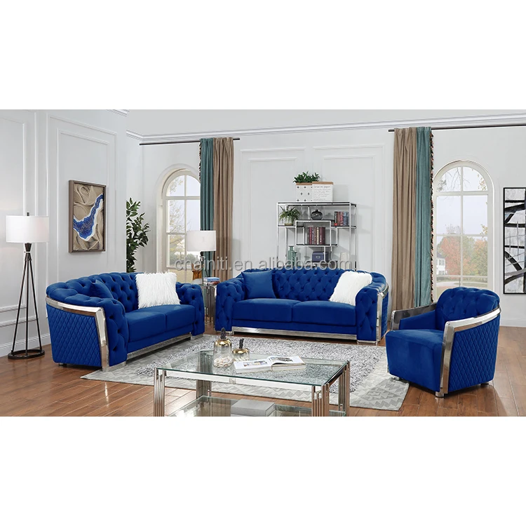 Modern Popular Beige Color Luxury Button Living Room Home Sofa Tufted Upholstered Stainless Steel Wooden Frame Sofa