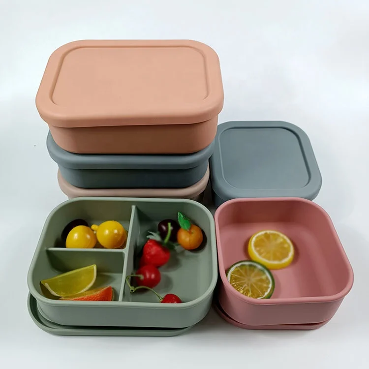 Microwave Oven Safe Bpa Free 3 Compartment Large Square Silicone Bento Lunch Box For Kids