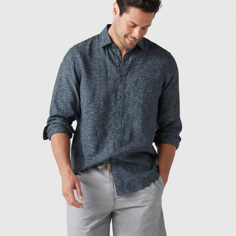 Custom Embroidery Logo 100% Linen Long Sleeves T Shirt Shirts Stylish Casual Blank Streetwear Golf Cotton Linen Shirts For Men