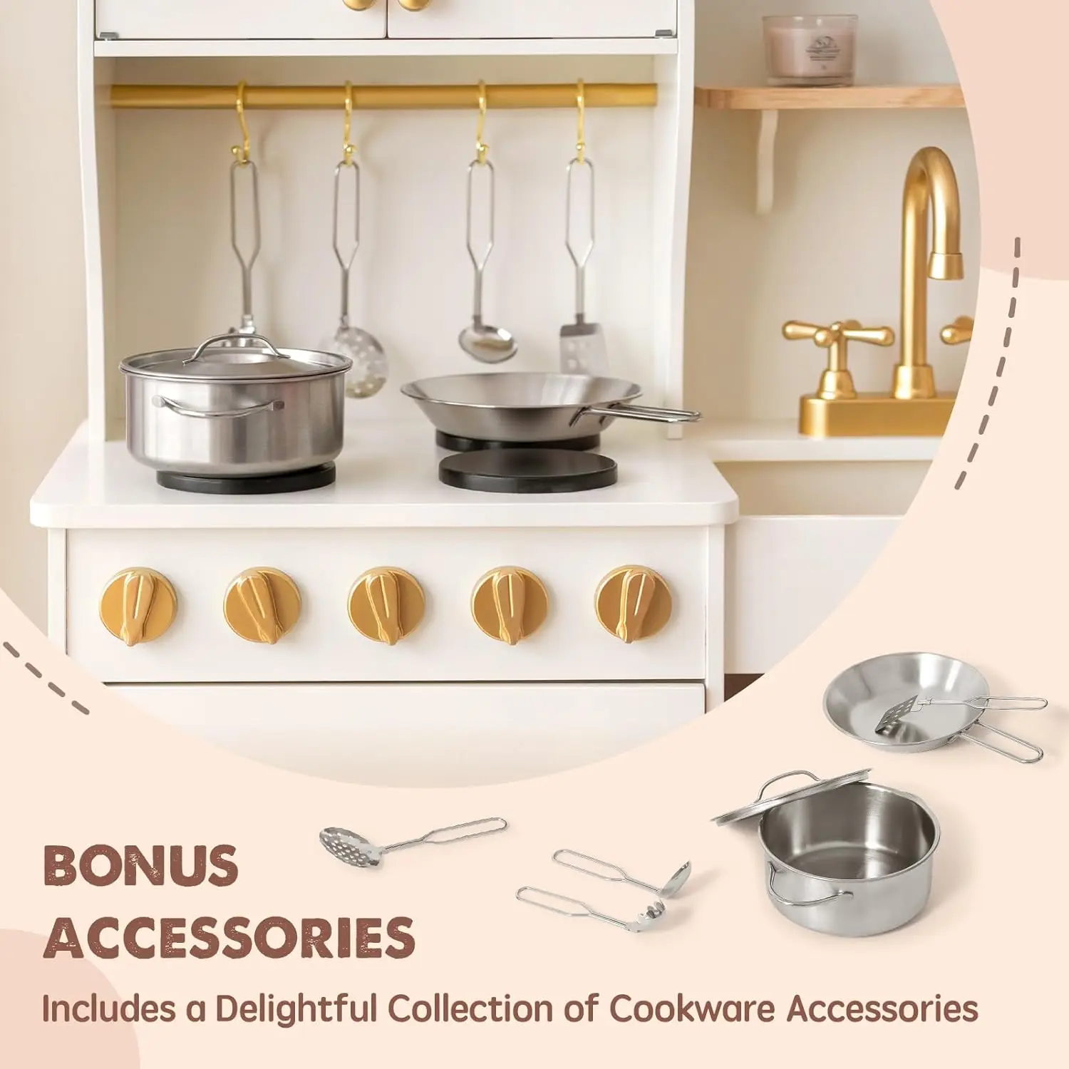 Wooden Play Kitchen with Toy Storage System, Toy Kitchen Set with Plenty of Play Features, Kids Play Kitchen Designed