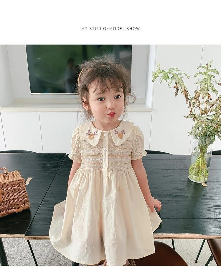 Baby Clothes Summer Kids Bishop Smocked Floral Dress Embroidered Collar Cute Girls Casual Dresses