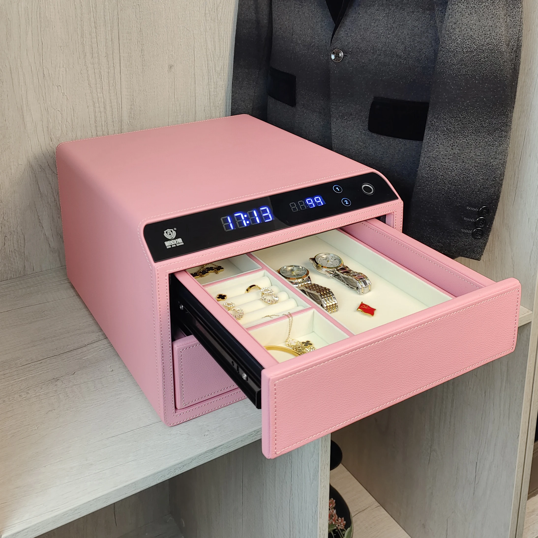 Deluxe Smart Leather Safe Household Fingerprint Digital Home Use Jewelry Security Drawer Safe