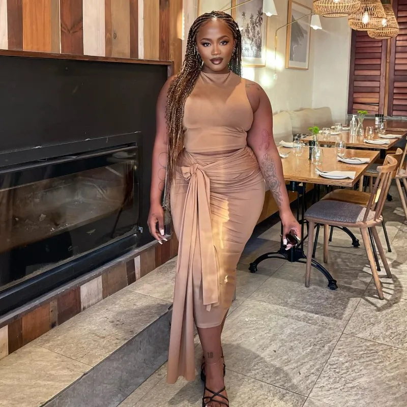 Liu Ming Cheap Fashion 2024 Elegant Summer Women Sexy Sleeveless Vests Tops High Waist Skirt Two Pieces Suits