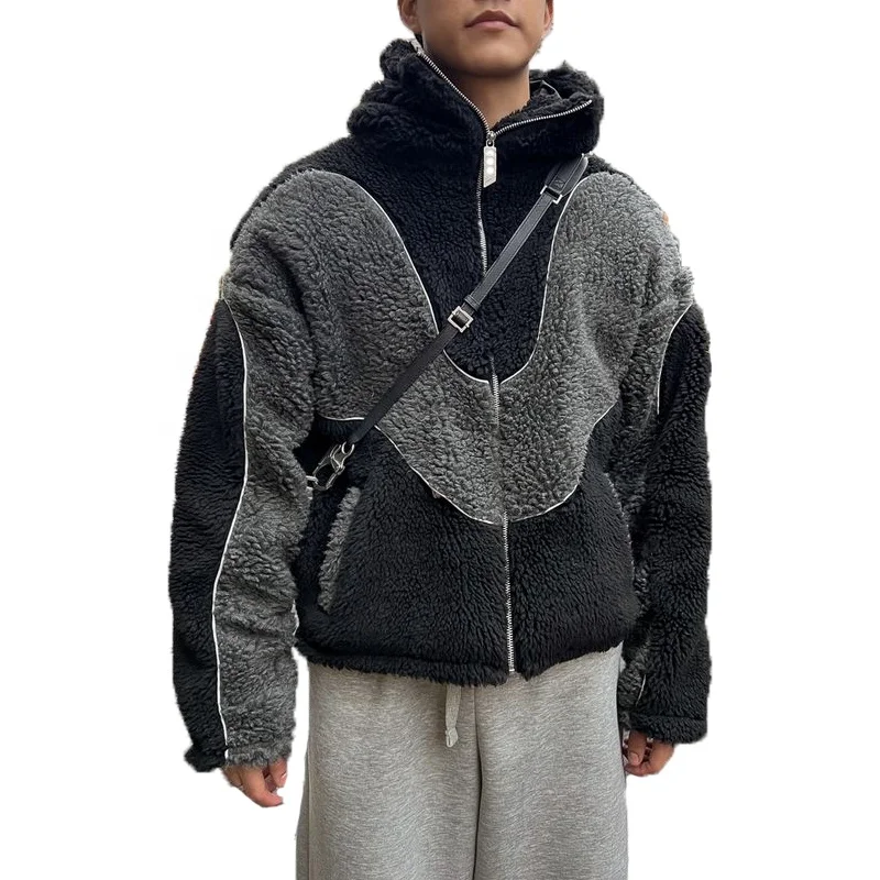 Manufacturer custom jacket hoodies with hood patchwork color block full zip up sherpa fleece hoodie men