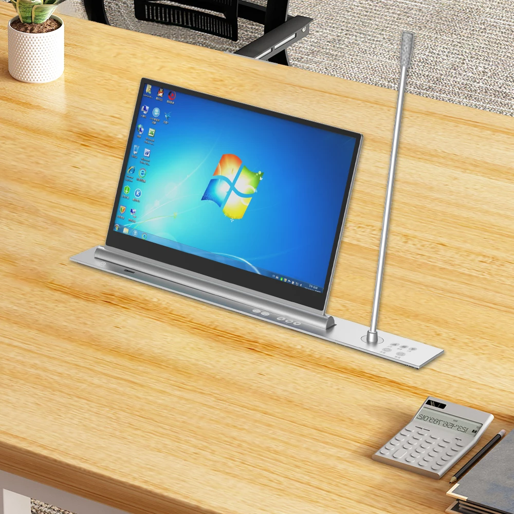 15.6 inch Conference System LED Monitor Lift Table Dual Screen with Electronic Signage Microphone Audio System Monitor Lifter