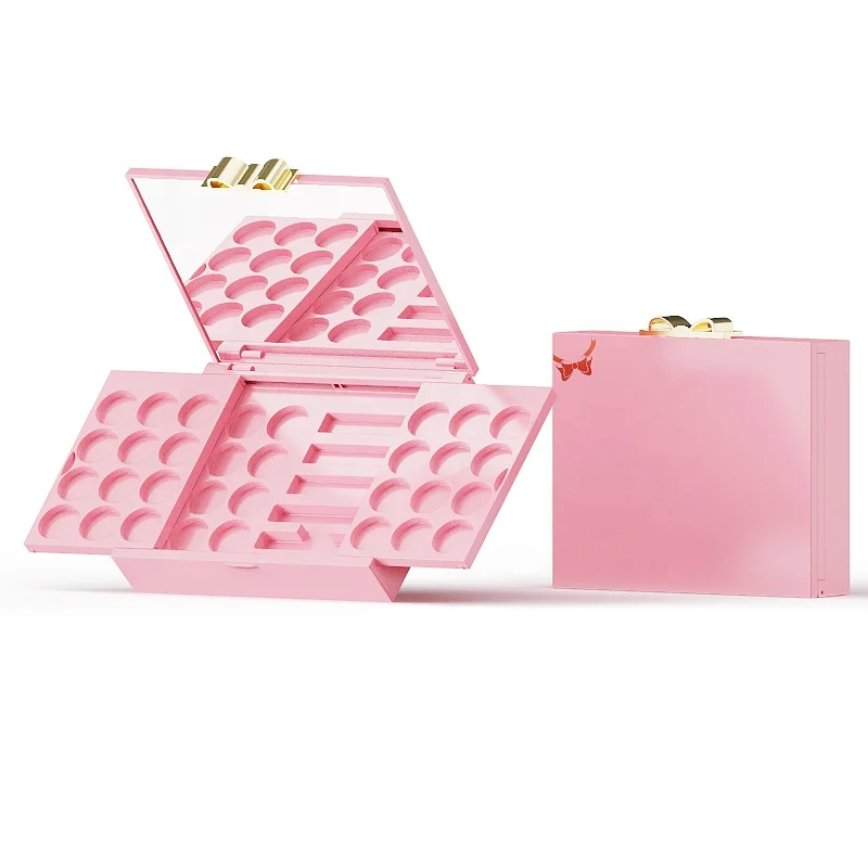 Empty plastic cosmetic double layers eyeshadow palette packaging box for makeup with 32 round pan wells & 3 rectangular pan