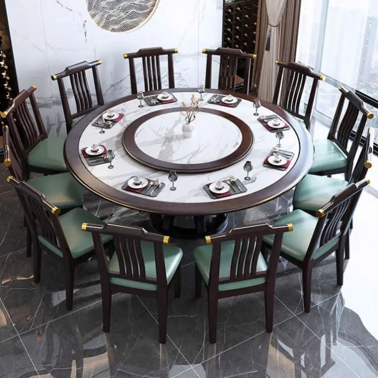New Chinese Style Hotel Family Dining Room Rock Panel Full Solid Wood With Turntable Dining Table And Chair Combination