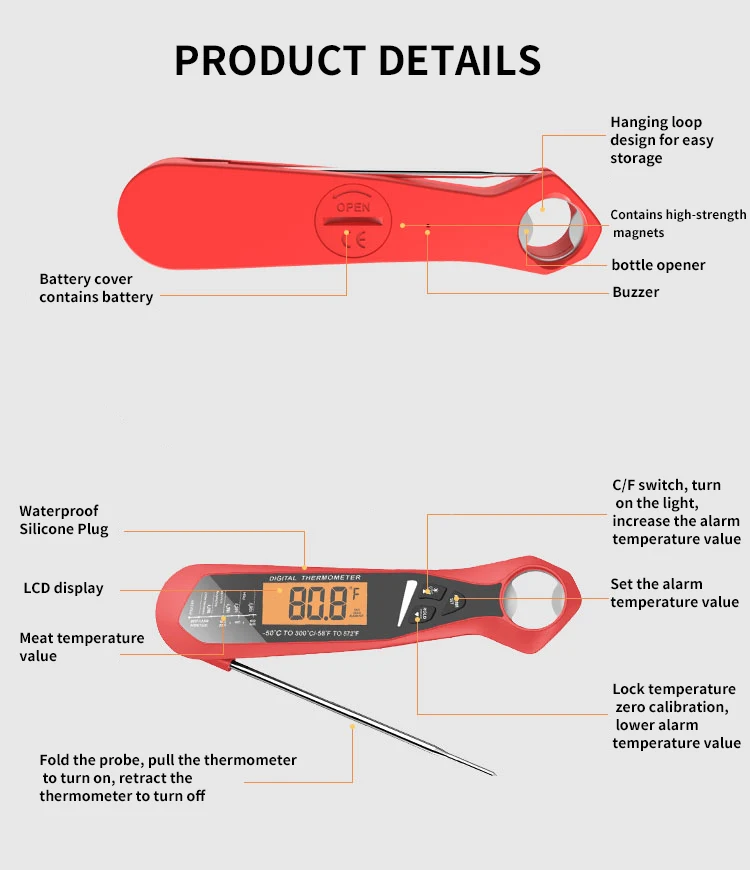 Meat Thermometers Dual Probe Instant Read Food Thermometer with Alarm Backlight Calibration Bottle Opener Digital Thermometer