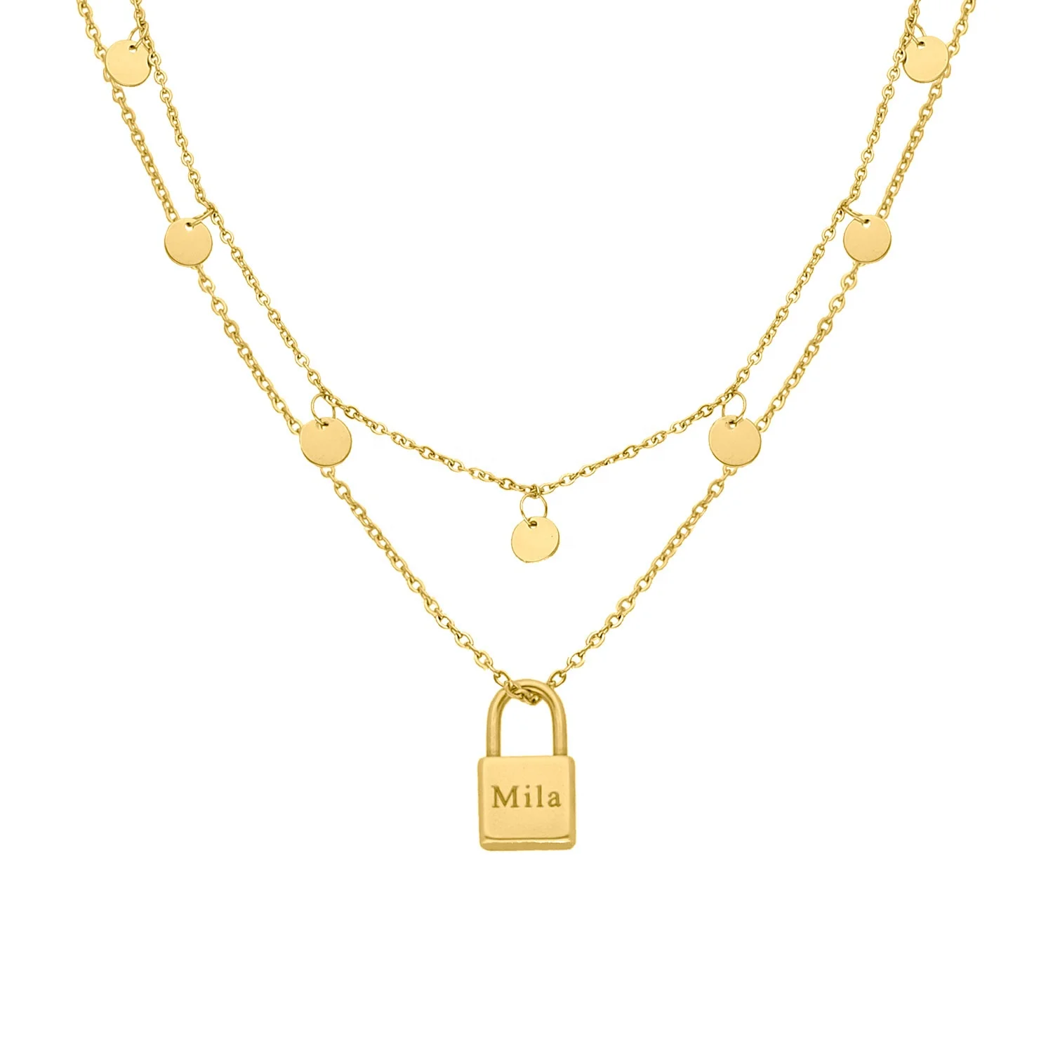 Summer 2023 Fashion Stainless Steel Jewelry 18k Gold Plated Engraved Lock Necklace Coin Chain Padlock Pendant Layered Necklace